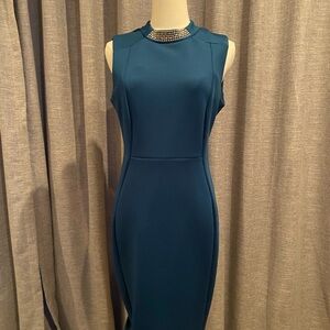 Calvin Klein Blue Sleeveless Midi Dress Mandarin Collar